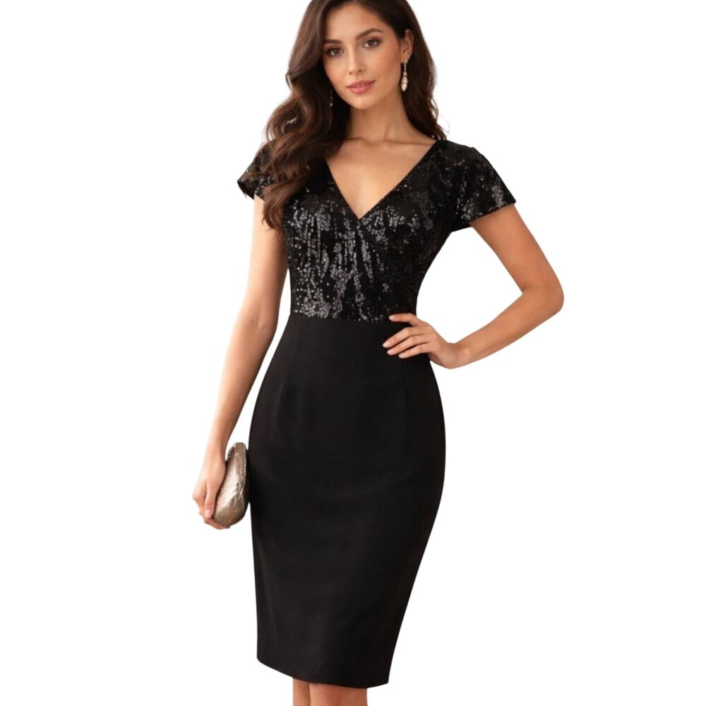 Dress The Population NWT Jaleah Black Sequin V-Neck Surplice Sheath Dress Size S